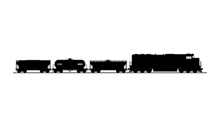 Silhouette of a freight train with multiple cars and engine. © Iyan