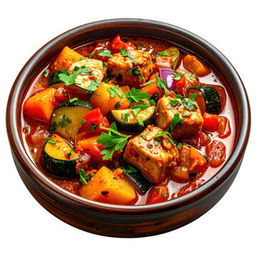 Moldovan Ghiveci, a colorful baked vegetable medley in a tomato-based sauce, isolated on white background.