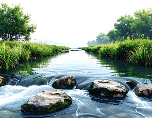 A tranquil stream flows over rocks, framed by lush green foliage under a bright, hazy sky