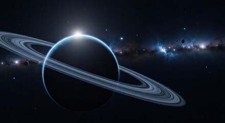 Rings encircle a planet with stars beyond, sunlight peeking over its edge