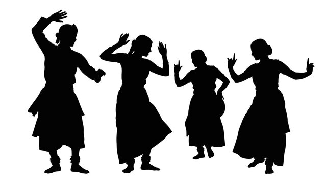 Black silhouette illustration of four people dancing in various poses against a white background with a lively and dynamic mood.