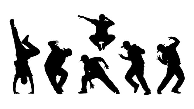 A group of black silhouette people dancing in various poses against a clean white background, showcasing dynamic movements and energetic expressions in a stylized illustration.