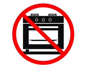 A black stove oven is within a large, thick red circle with a diagonal line. Flat and symbolic representation