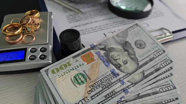 Cash and gold on a table with scale and documents in a workspace