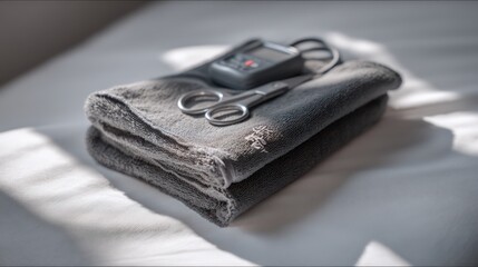 A folded emergency blanket pulse monitor and sterile scissors resting neatly on a white surface Clean textures and