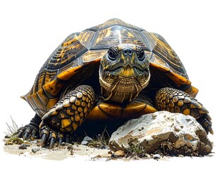 A turtle with a golden patterned shell sits near a rock on sand, isolated against a white backdrop