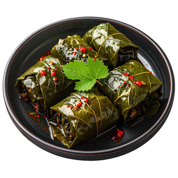A close-up of Japrak, showcasing the tender grape leaves and flavorful meat filling, isolated on white background.