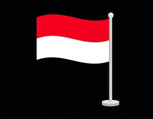 A red and white flag on a silver pole waving gently, presented against a pure black background