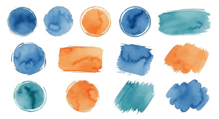 A collection of watercolor brush strokes and circles in blue, orange, and teal. © livia