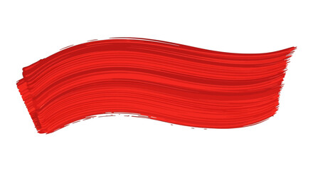 A vibrant red brush stroke with visible texture and flowing lines on a white background.