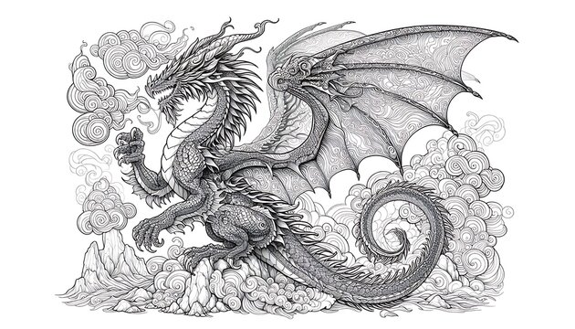 Detailed illustration of a mythical dragon with wings and tail surrounded by smoke and clouds in a fantasy setting - Powered by Adobe