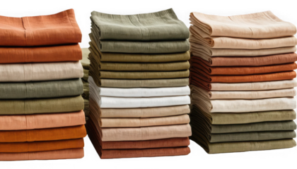Collection of neatly folded linen textile napkins showcasing a rich, earthy palette of autumn colors on transparent background