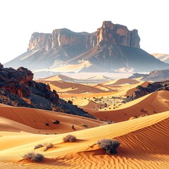 A vast, sun-baked desert landscape unfolds, showcasing rolling sand dunes and a majestic plateau in the hazy distance