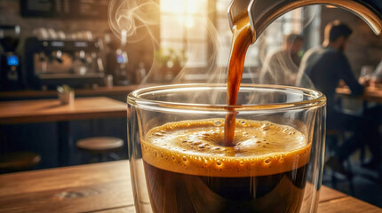 Macro shot of hot espresso coffee pouring into clear glass with crema