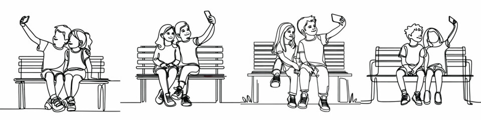 line art of a two little kids taking a selfie together on a park bench