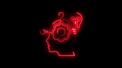 Red Neon Silhouette of Human Head with Gear and Lightbulb Symbolizing Idea Generation and Thinking Process - Powered by Adobe