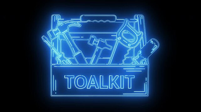 Neon-lit blue outline of an open toolbox with various tools and the word 'TOALKIT' on a black background with a glowing effect.