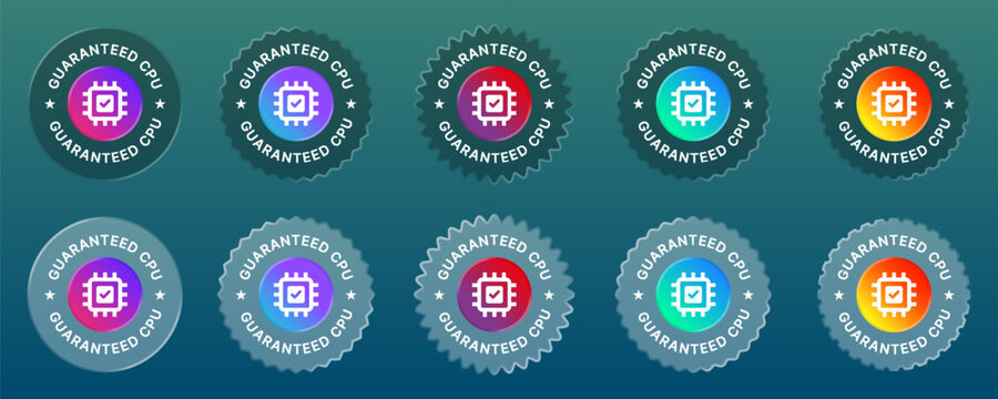Guaranteed CPU. Set of badges, icons, stamps with liquid glass style.