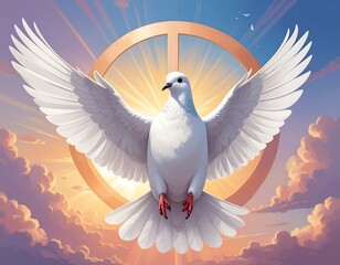 Fototapeta premium A white dove flies towards the viewer with outstretched wings