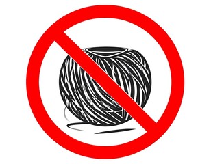 A red circle with a line through it prohibits a black yarn ball, set against a white background