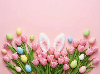 Easter enchantment top view color-pop eggs, an adorable bunny ears, and tulips bouquet against a calming pastel pink setting. A captivating image with space for text or promotional content