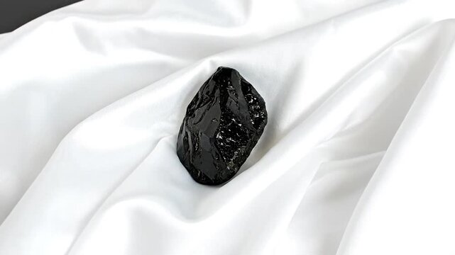 A dark, rough stone rests on white, flowing fabric, creating a contrast of texture and color