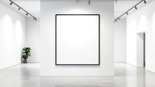 Modern gallery with an empty frame, track lighting, polished floor, and a potted plant