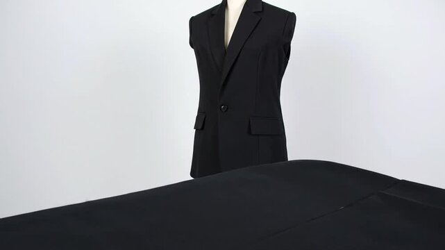 A black suit jacket on a mannequin, with folded black fabric in foreground, on a white background