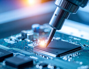Close up of a robotic arm with a needle tip soldering a microchip on a blue printed circuit board with glowing orange