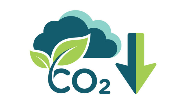 CO2 reduction symbol with green leaves, clouds, and down arrow