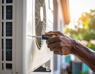Close up of an older man's hands using a screwdriver to repair an outdoor air conditioning unit