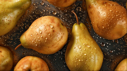 Fresh pears and apples with water drops, vibrant autumn fruit close-up texture.
