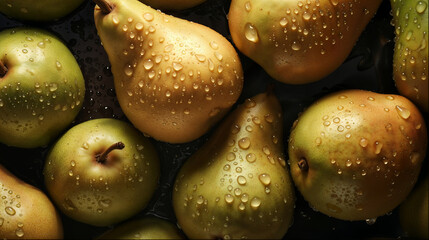 Fresh pears and apples with water drops, vibrant autumn fruit close-up texture.
