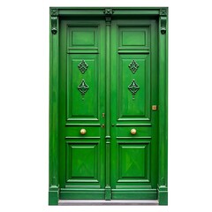 A vibrant green double door with ornate carvings and golden knobs, standing against a solid white background