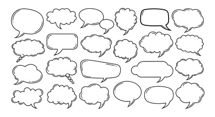 Fototapeta premium A collection of hand-drawn speech bubbles in various shapes and sizes, presented on a white background.