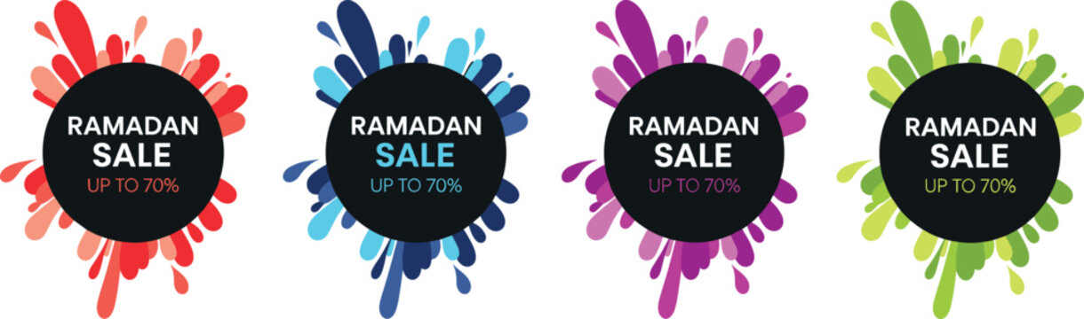 Colorful paint splash Ramadan sale up to 70 percent badge vector illustration set