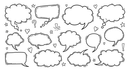 Fototapeta premium A collection of hand-drawn speech bubbles and thought bubbles in various shapes and sizes, set against a white background with small decorative elements.