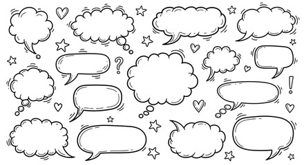 Fototapeta premium A collection of hand-drawn speech bubbles and thought clouds with decorative elements like stars and hearts.