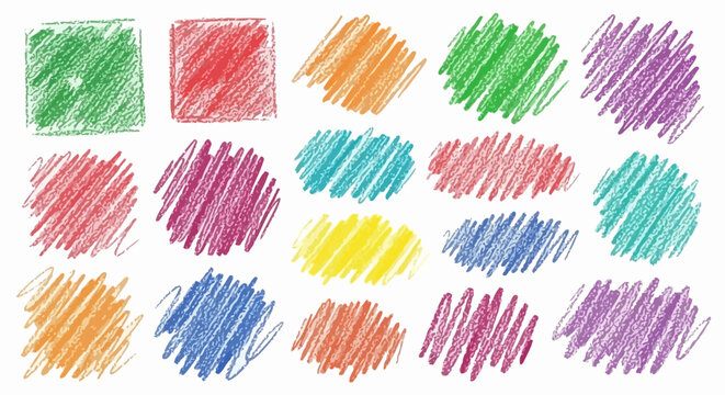 A collection of colorful scribbled shapes and squares drawn with colored pencils on a white background.