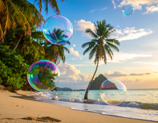 Colorful iridescent soap bubbles drift over a tropical beach at sunset with palm trees and a distant island bathed in