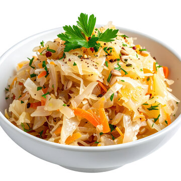 Elegant presentation of mulgikapsad in a modern bowl, a sophisticated take on peasant food isolated on a white background.