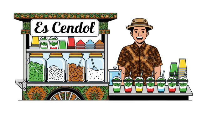 Es Cendol Vendor: A Smiling Man Selling Traditional Indonesian Dessert from a Cart.