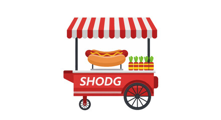 A red street food vendor cart selling hot dogs featuring a striped awning and a large sausage sign. © ampuh