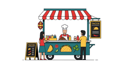 Colorful Food Cart with Chef Serving Customers. © ampuh
