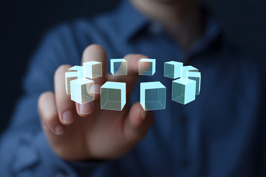 Person interacting with digital cubes interface symbolizing augmented reality, data visualization, and innovation - Powered by Adobe