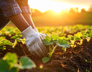 Farmer wearing white gloves carefully planting a young green seedling in rich dark soil during a golden sunset