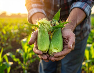 Farmer's hands displaying two freshly picked green corn cobs with silky tassels in a field