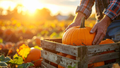 Farmer's hands holding a large orange pumpkin over a wooden crate in a sun-drenched pumpkin field during the golden