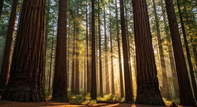 Sunlight streams through towering redwood trees, creating an ethereal forest scene - Powered by Adobe