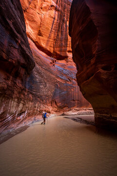 Hiker wading through the shallow Paria River